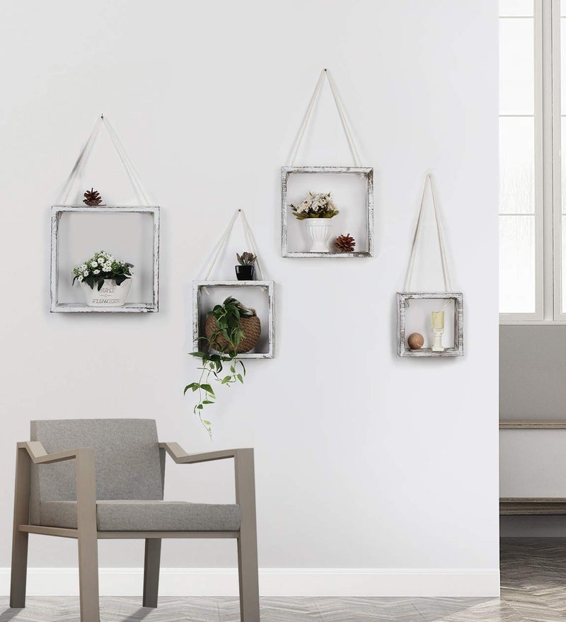 J JACKCUBE DESIGN Floating Hanging Square Shelves Wall Mounted Rustic Wood Cube Display Shelf Shadow Boxes Decorative Boho Home DÃ©cor for Living Room, Bedroom, Office, Set of 4 (White) - MK571C - Image 5
